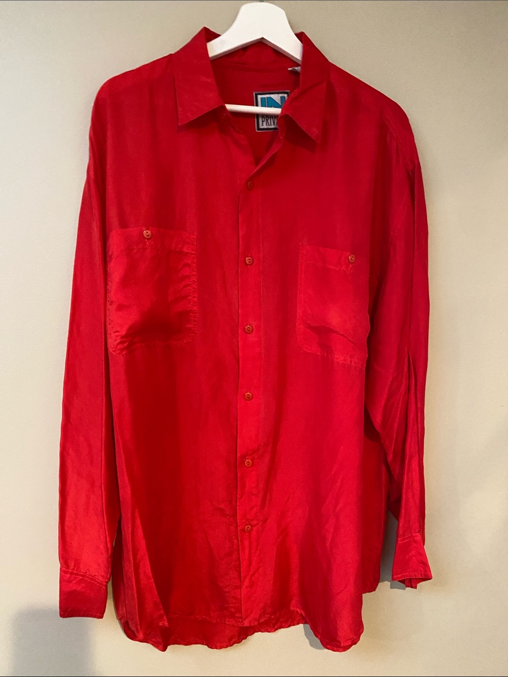 Vintage Red Silk Casual Long-Sleeve Button-Down Shirt size XL